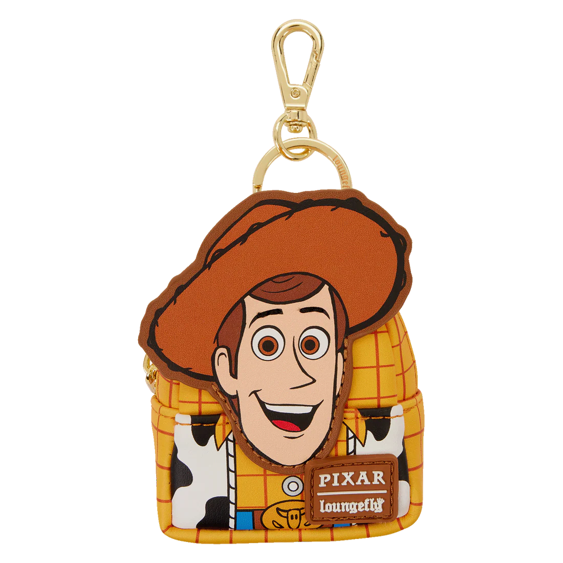 Loungefly Woody shaped bag charm from Pixar with a smiling face and cowboy hat.