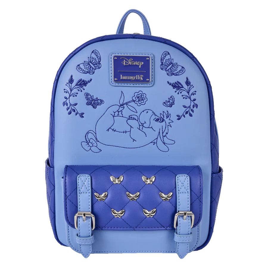 Blue / Purple Loungefly eeyore backpack with embroidered design and Disney logo on a white background