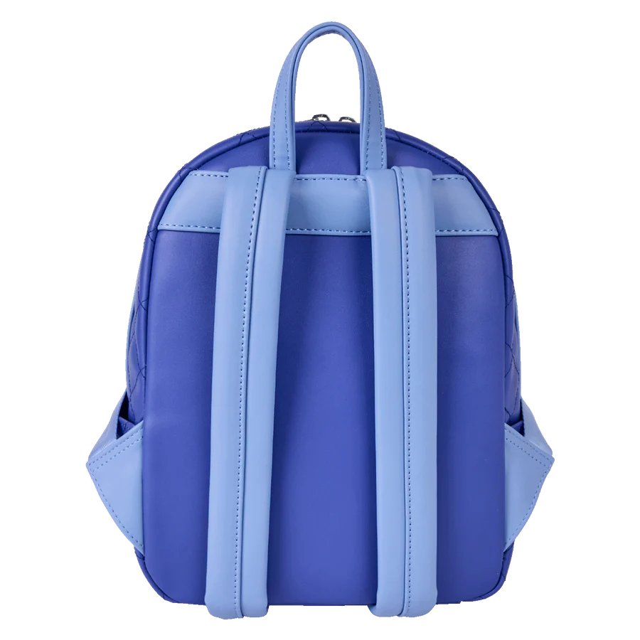 Blue / purple loungefly backpack with light blue straps on a white background