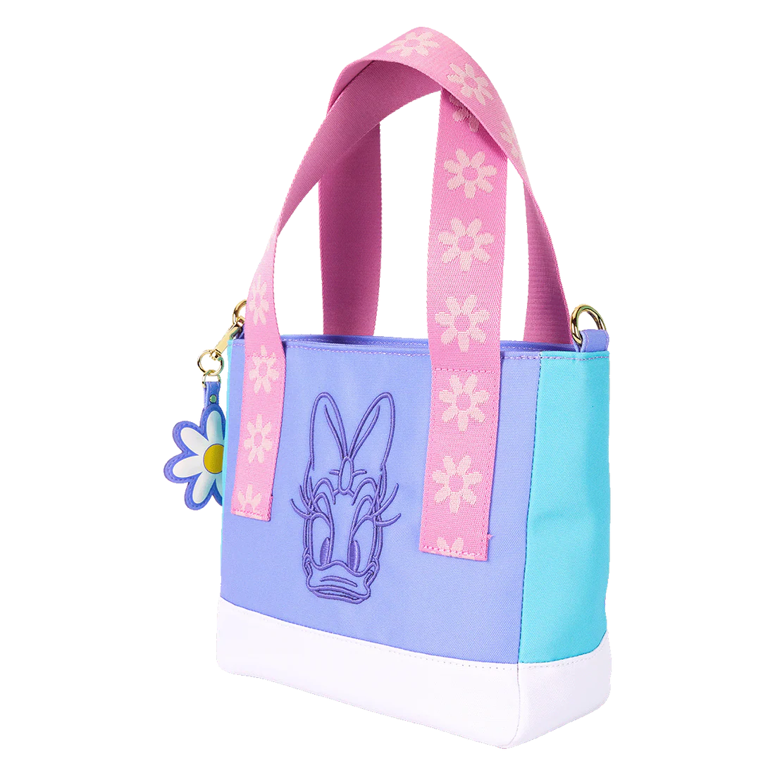 Pastel blue, purple and pink Daisy Duck Loungefly handbag with floral design on a white background