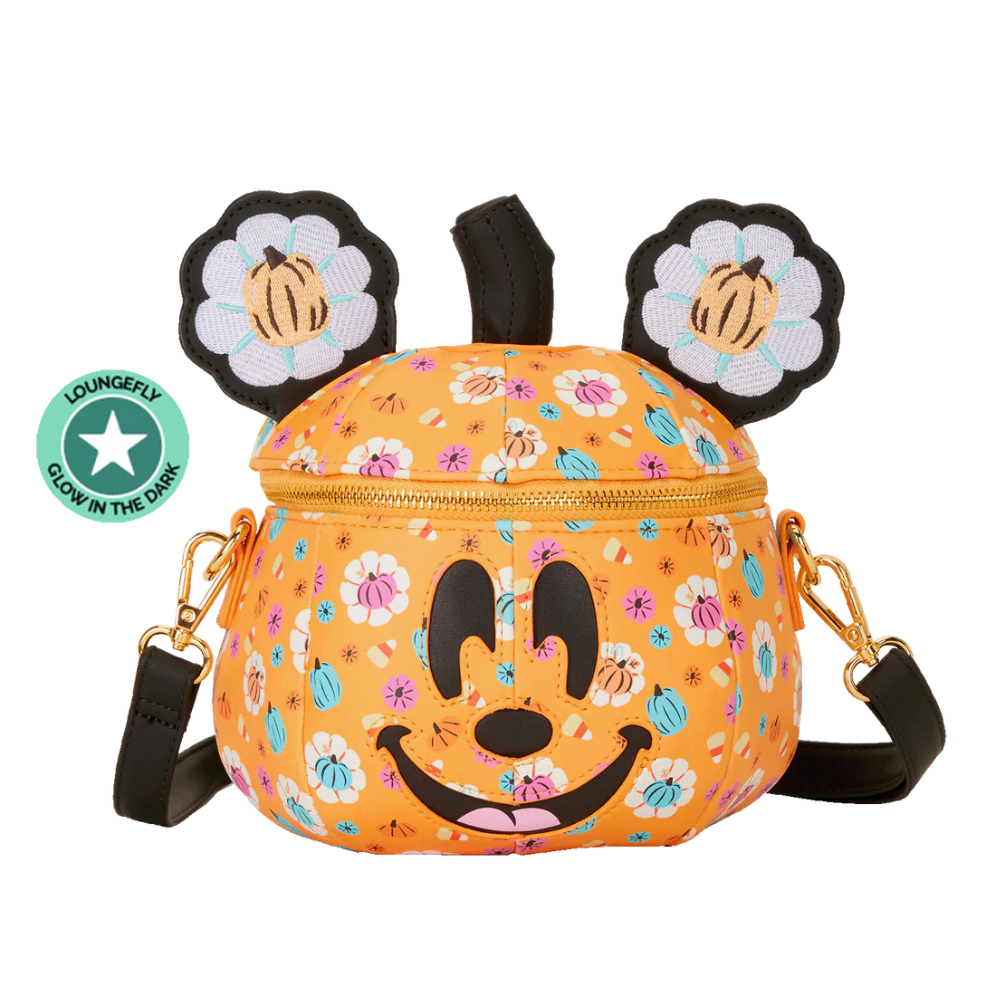 Floral-patterned backpack with flower-shaped ears on a white background