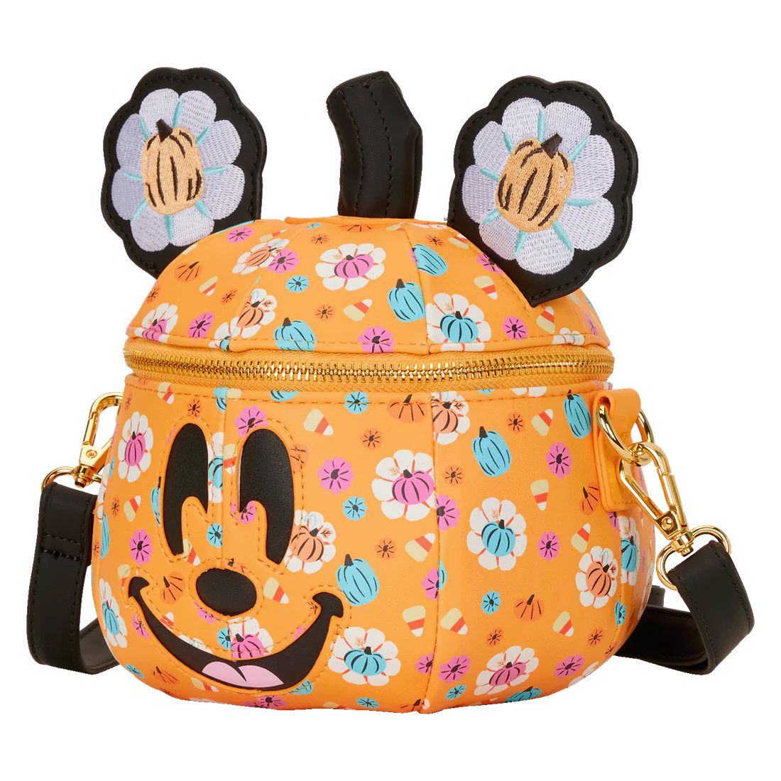 Floral pumpkin patterned bag with Mickey mouse ears and face on a white background