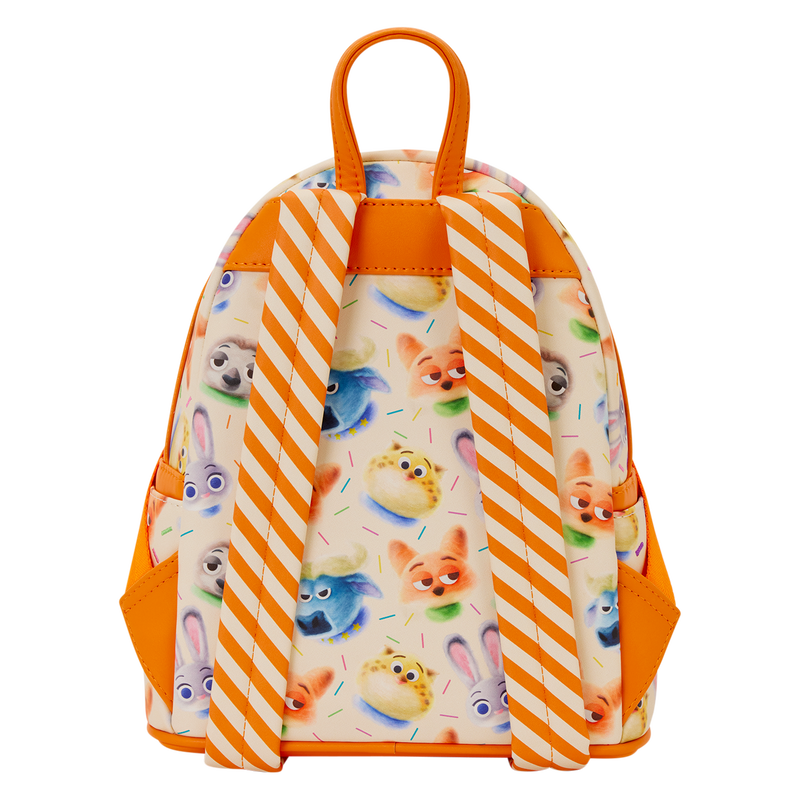 Zootopia 2 Loungefly backpack with animal pattern and orange straps on a white background