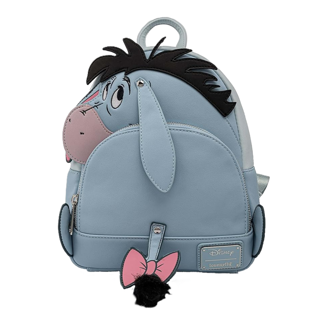 Loungefly backpack designed like Eeyore from Winnie the Pooh with a pink bow, on a white background