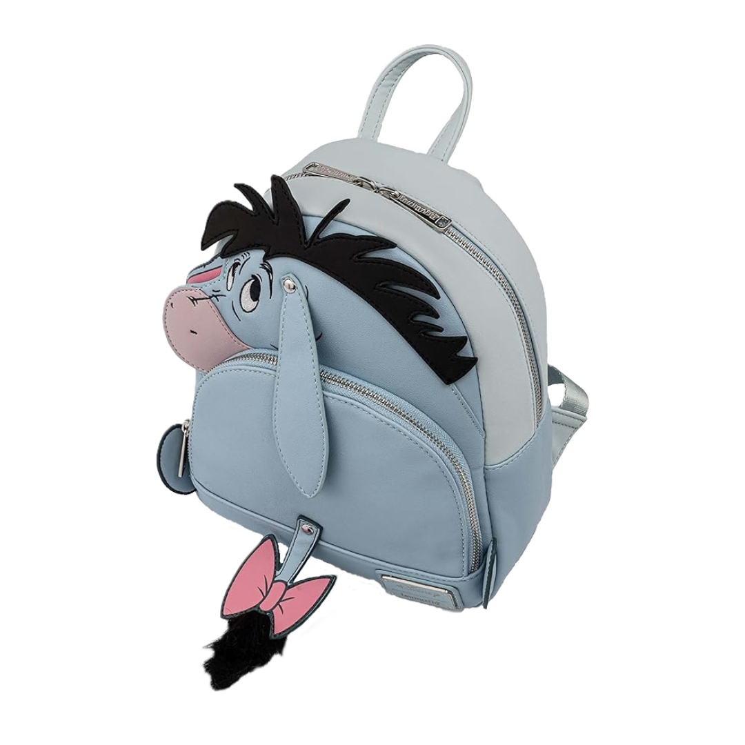 Eeyore Loungefly backpack with a cartoon donkey design from Winnie the Pooh on a white background