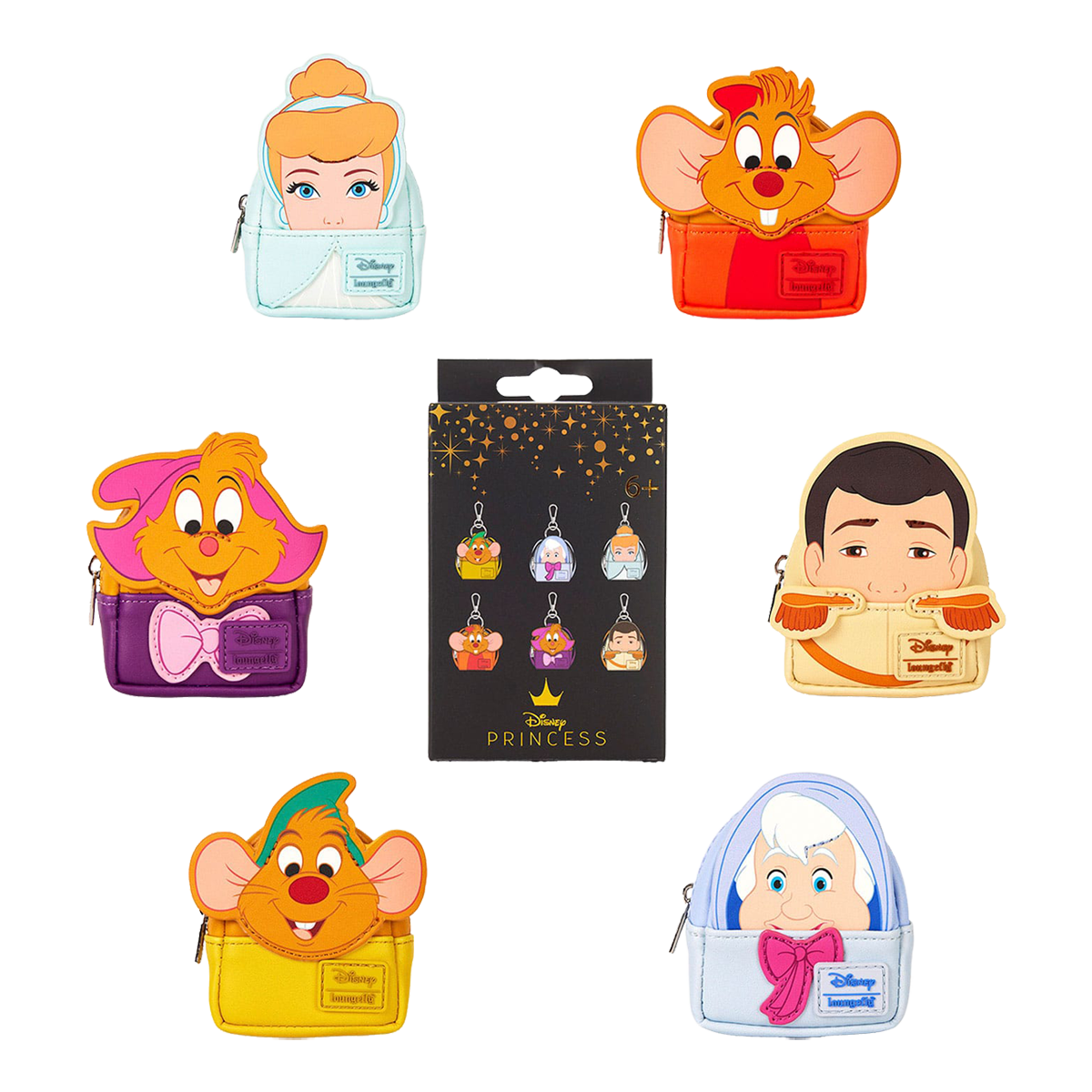 Collection of Cinderella 75th Anniversary Loungefly Mystery Bag Charms and a packaging box on a white background