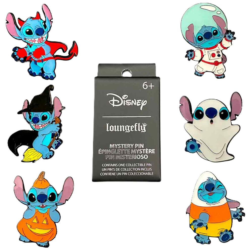Set of halloween themed Loungefly pins featuring Stitch in various costumes with a mystery pin packaging.