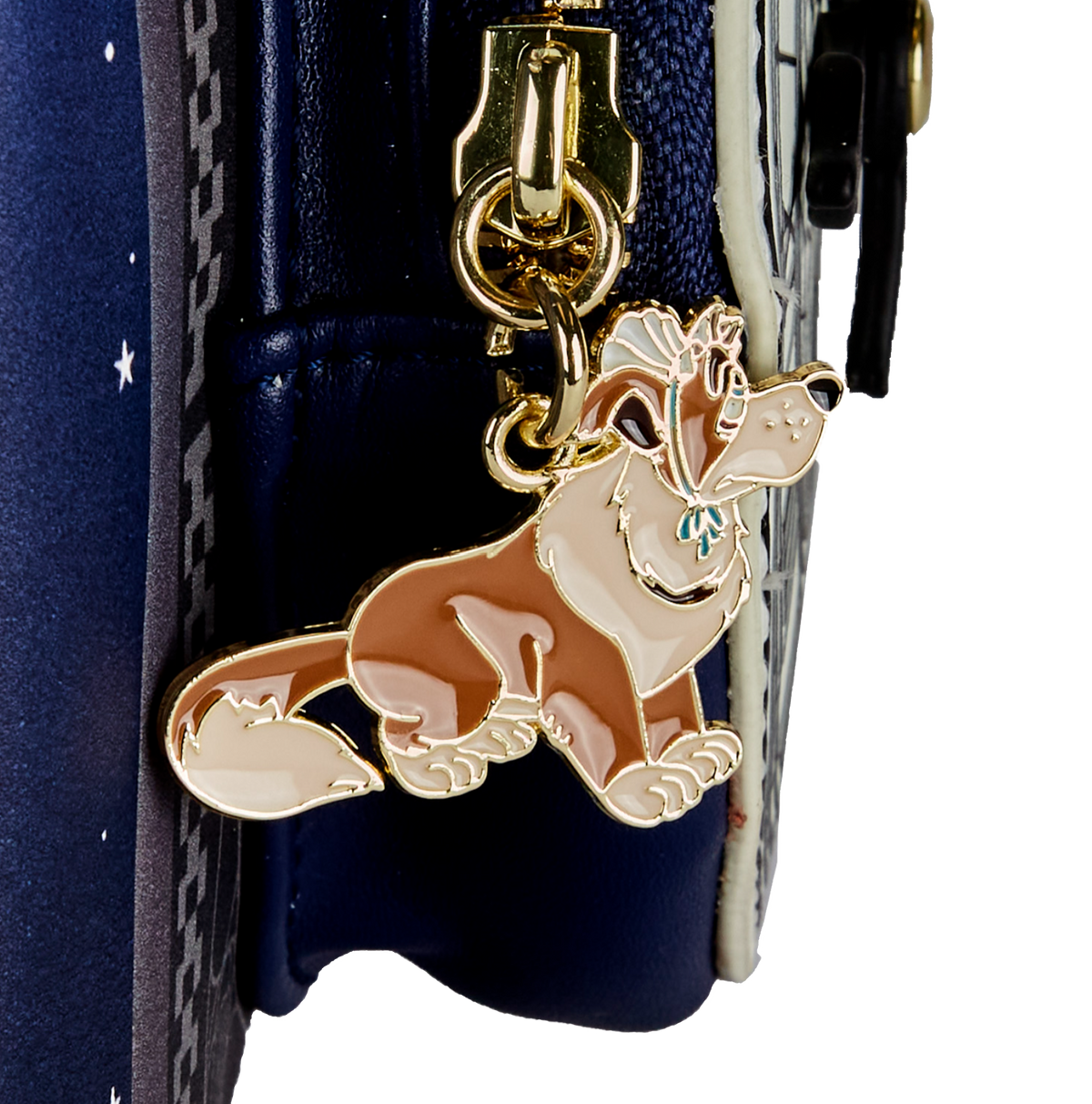 Peter Pan Nana shaped keychain attached to a blue Loungefly backpack