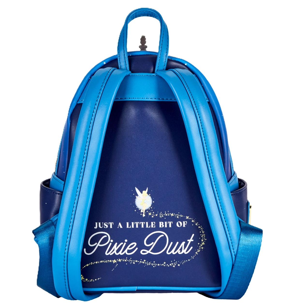 Blue Loungefly backpack with 'Just a Little Bit of Pixie Dust' text on a white background with Tinker Bell