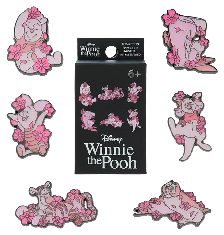 Set of Loungefly Winnie the Pooh cherry blossom pins with a packaging box featuring winnie the pooh, eeyore, piglet, roo, tigger and owl in cherry blossoms