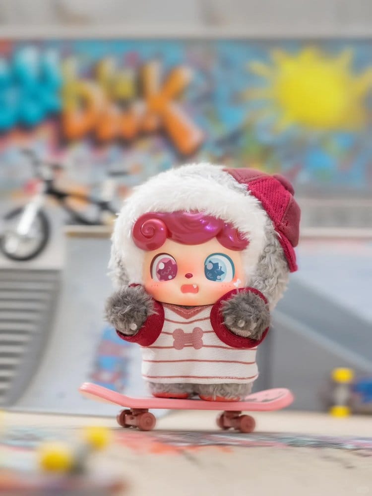 Q Kid outdoor activities figure on a skateboard with a colorful background