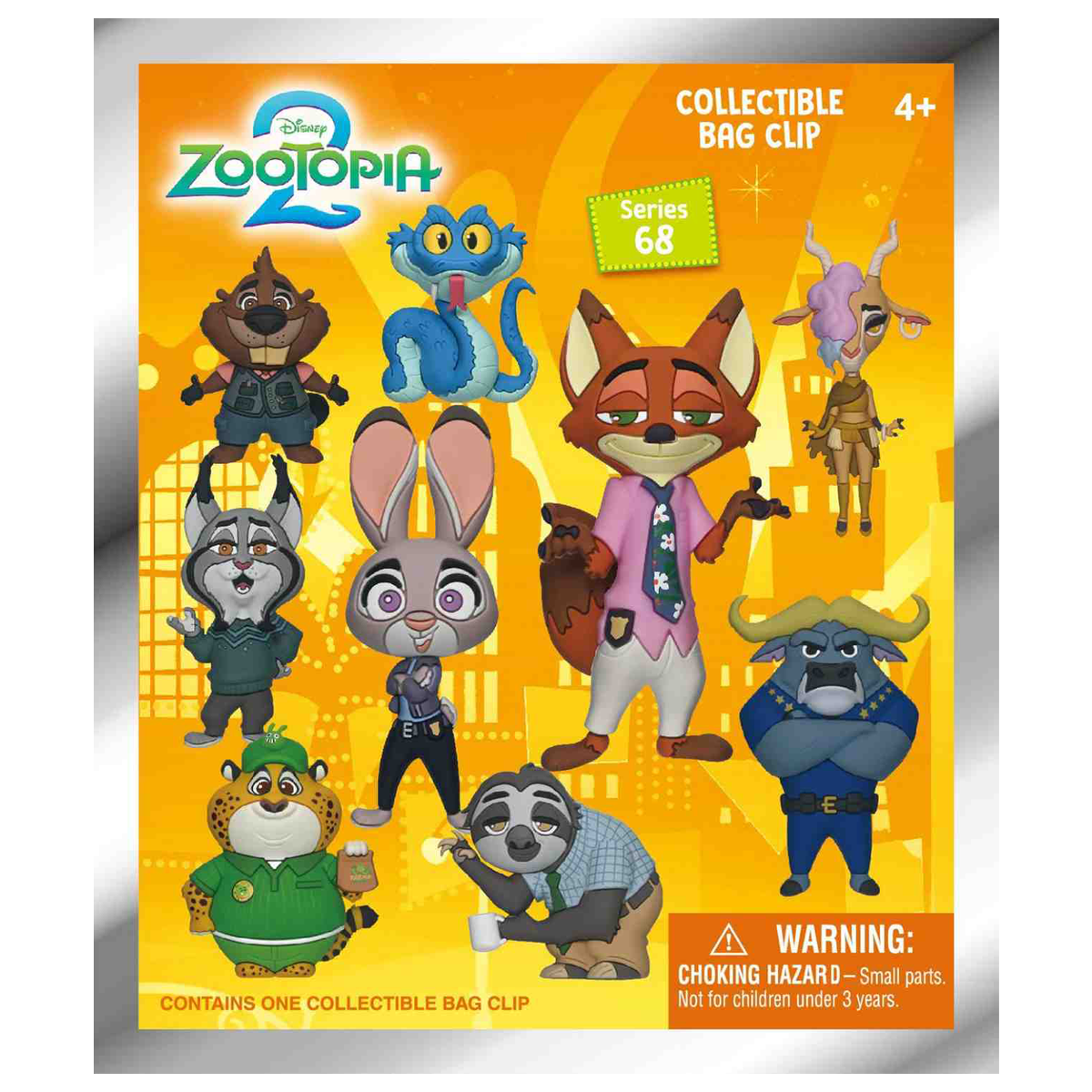 Zootopia 2 collectible bag charms set packaging with characters on an orange background