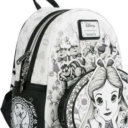 Backpack with black and white illustrations of characters from Disney Alice in wonderland , featuring a Disney logo.