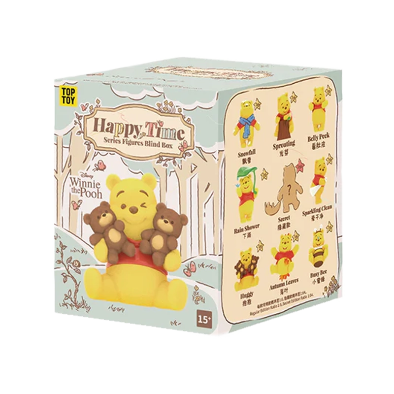 Winnie the Pooh Happy Time Series figure packaging with character illustrations on a white background
