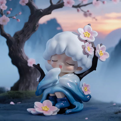 Yumo character with white hair and blue outfit sitting under a cherry blossom tree with a sunset background.