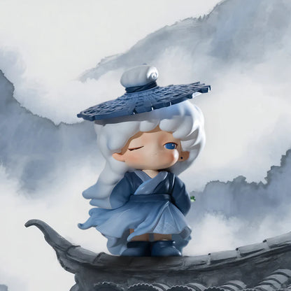 Yumo character with a blue outfit and white hair against a cloudy sky