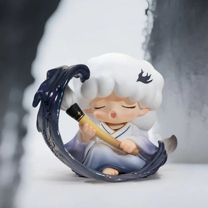 Yumo figurine of a character with white hair and a blue crescent moon on a dark background