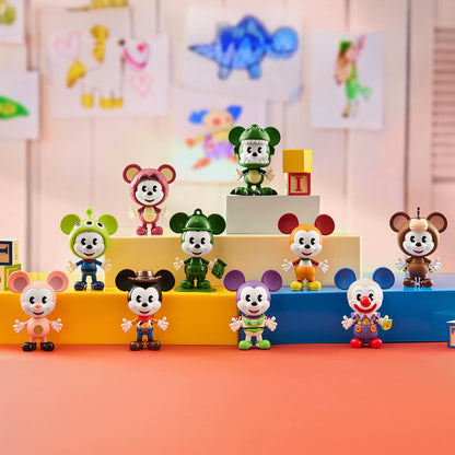 Collection of Disney Mickey Remixed: Mickey Meets Pixar Pop Mart Blind Box figures on a gradient background
