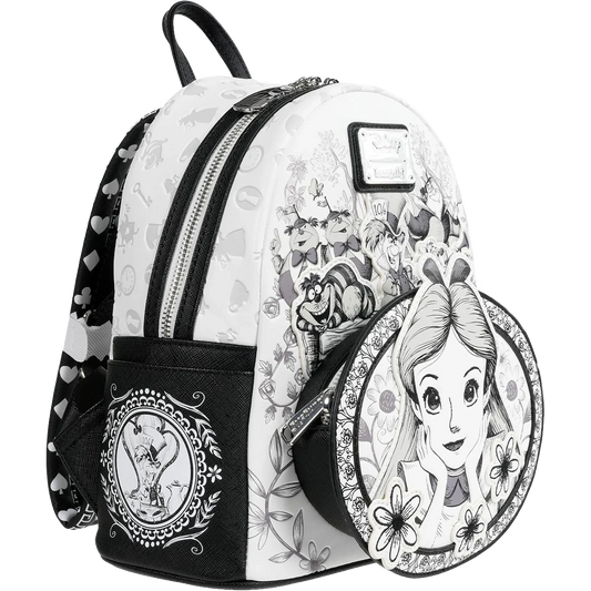 Alice in Wonderland Sketch Loungefly Mini Backpack with black and white design featuring  Alice in wonderland characters and patterns on a white background. On the side panel you can see the madhatter