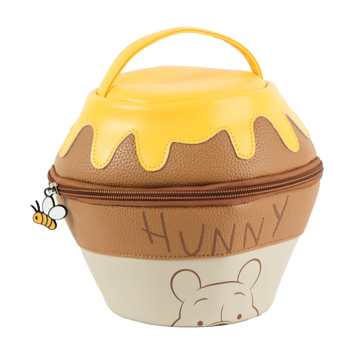 A Winnie the Pooh-style honey pot bag with a yellow honey-drip lid, brown textured body, cream lower section, zipper closure, top handle, and a small bee charm on a white background.