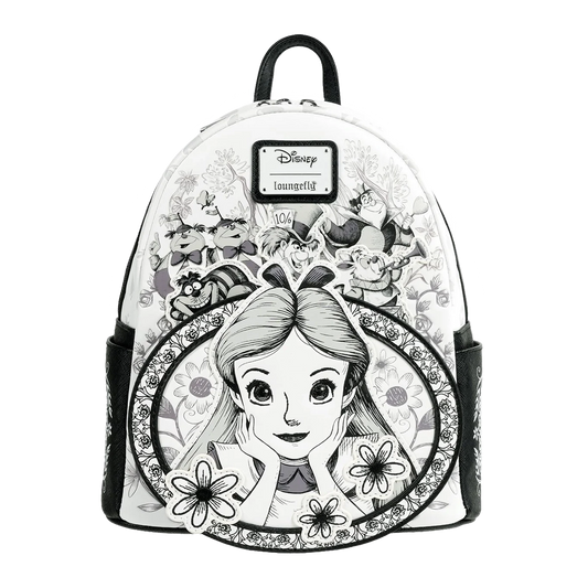 Alice in Wonderland Sketch Loungefly Mini Backpack with black and white design featuring a clear front panel.