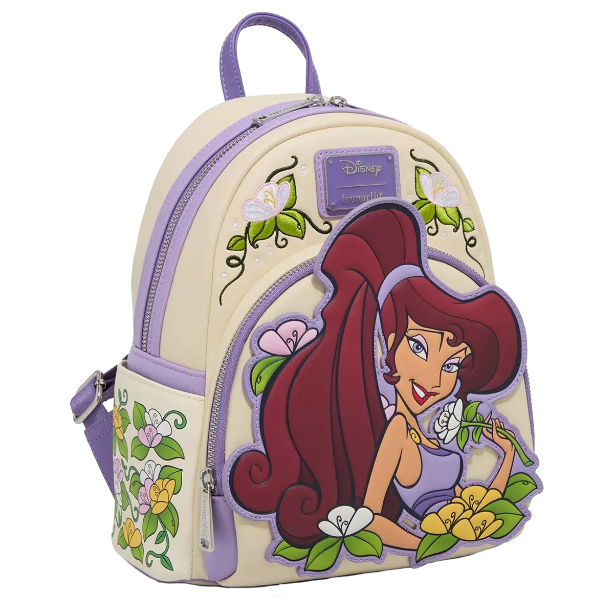 Disney Hercules Meg Floral Loungefly Mini Backpack with Meg design on a white background