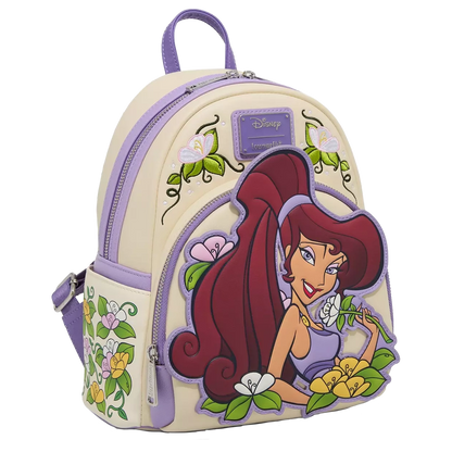 Disney Hercules Meg Floral Loungefly Mini Backpack with Meg design on a white background