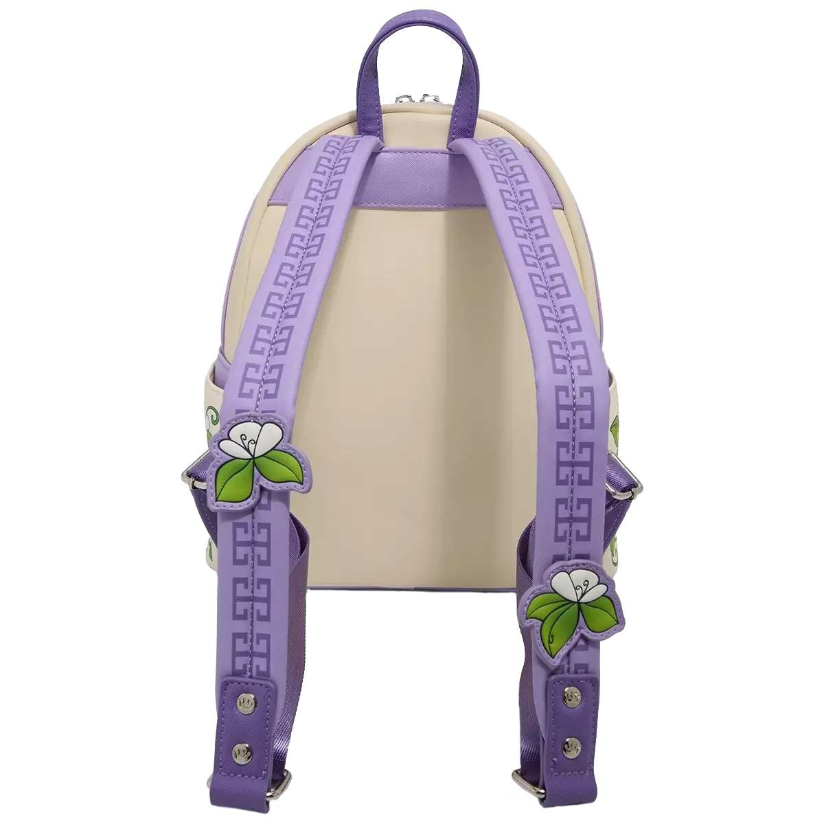 Backpack with purple straps featuring floral designs on a white background
