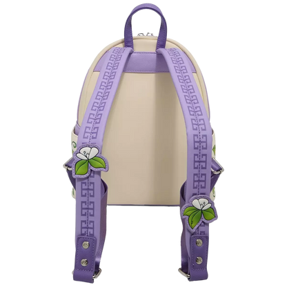 Backpack with purple straps featuring floral designs on a white background