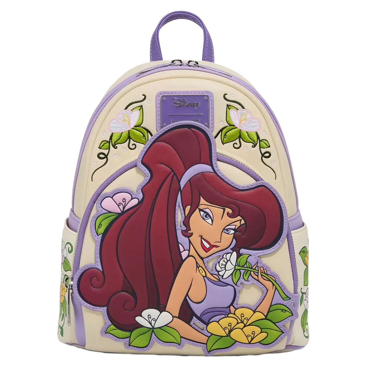 Disney Hercules Meg Floral Loungefly Mini Backpack with animated character design on a white background