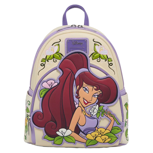 Disney Hercules Meg Floral Loungefly Mini Backpack with animated character design on a white background