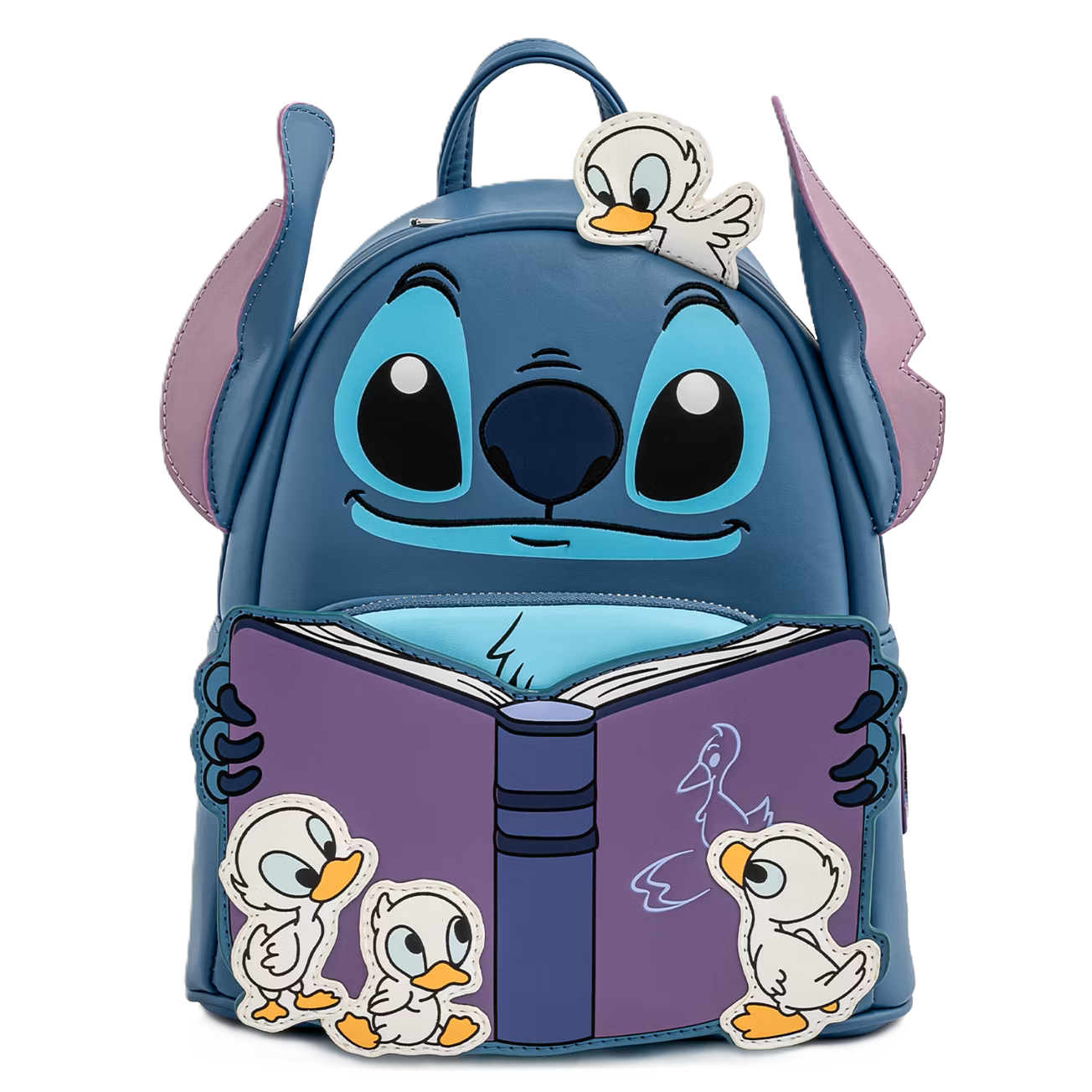 Stitch loungefly backpack holding a book with ducklings on a white background