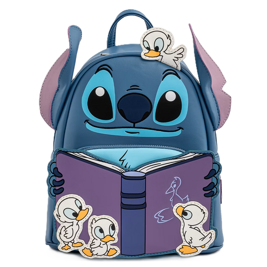 Stitch loungefly backpack holding a book with ducklings on a white background