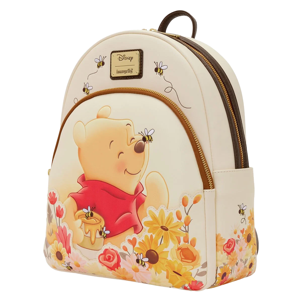 Winnie the Pooh Floral Bee loungefly Mini Backpack side ways featuring honey, bees and Winnie the Pooh 