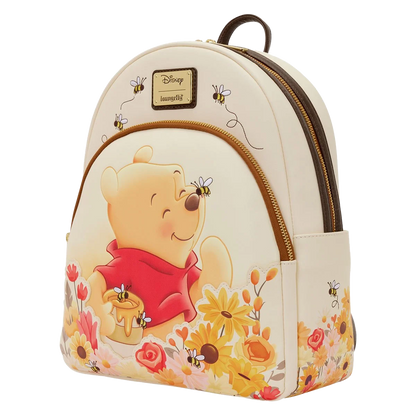 Winnie the Pooh Floral Bee loungefly Mini Backpack side ways featuring honey, bees and Winnie the Pooh 