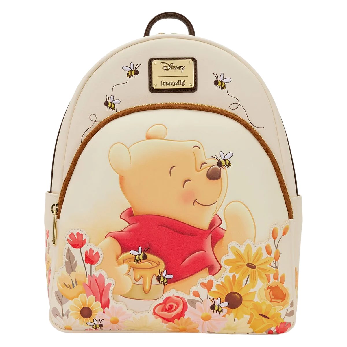 Winnie the Pooh Floral Bee loungefly Mini Backpack featuring flowers and bees on a white background