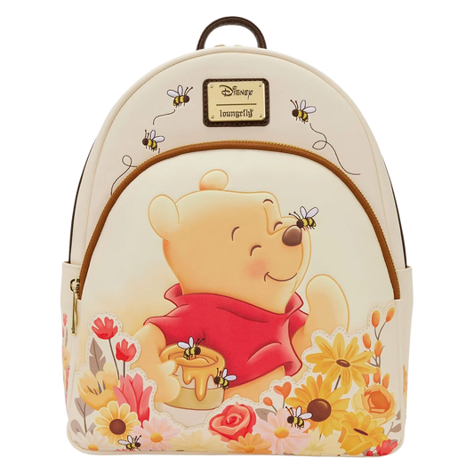 Winnie the Pooh Floral Bee loungefly Mini Backpack featuring flowers and bees on a white background