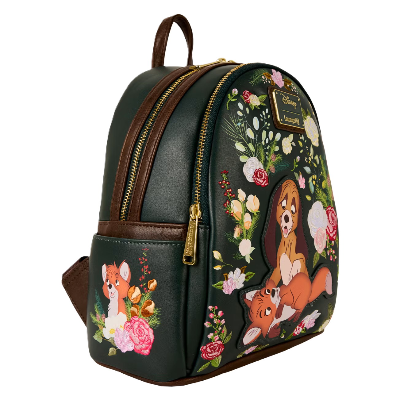 Loungefly backpack with the fox and the hound and floral designs on a white background