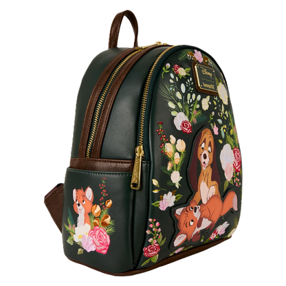 Loungefly backpack with the fox and the hound and floral designs on a white background