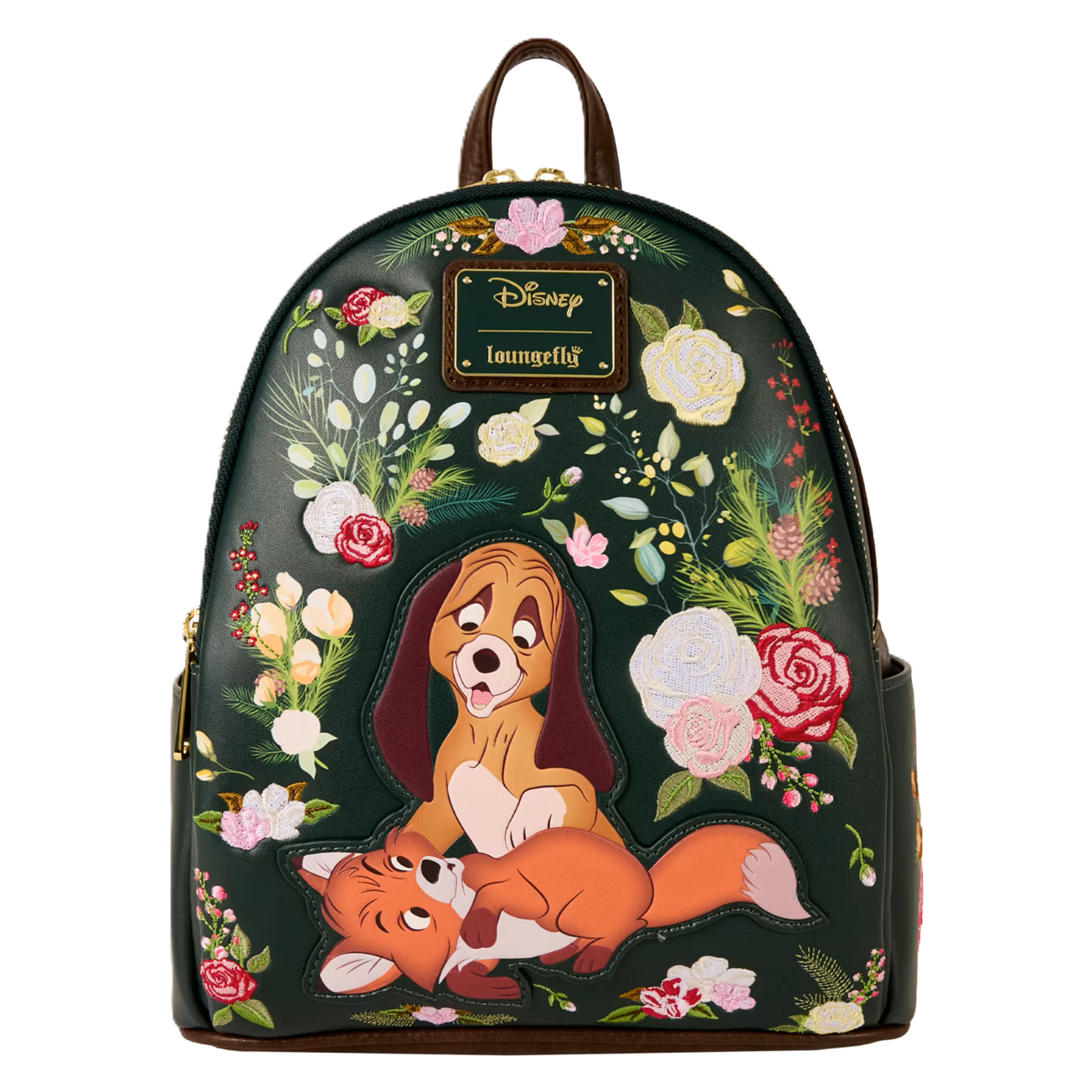 Loungefly backpack with Disney design featuring flowers and Disney fox and the hound on a white background