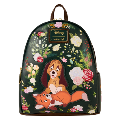 Loungefly backpack with Disney design featuring flowers and Disney fox and the hound on a white background
