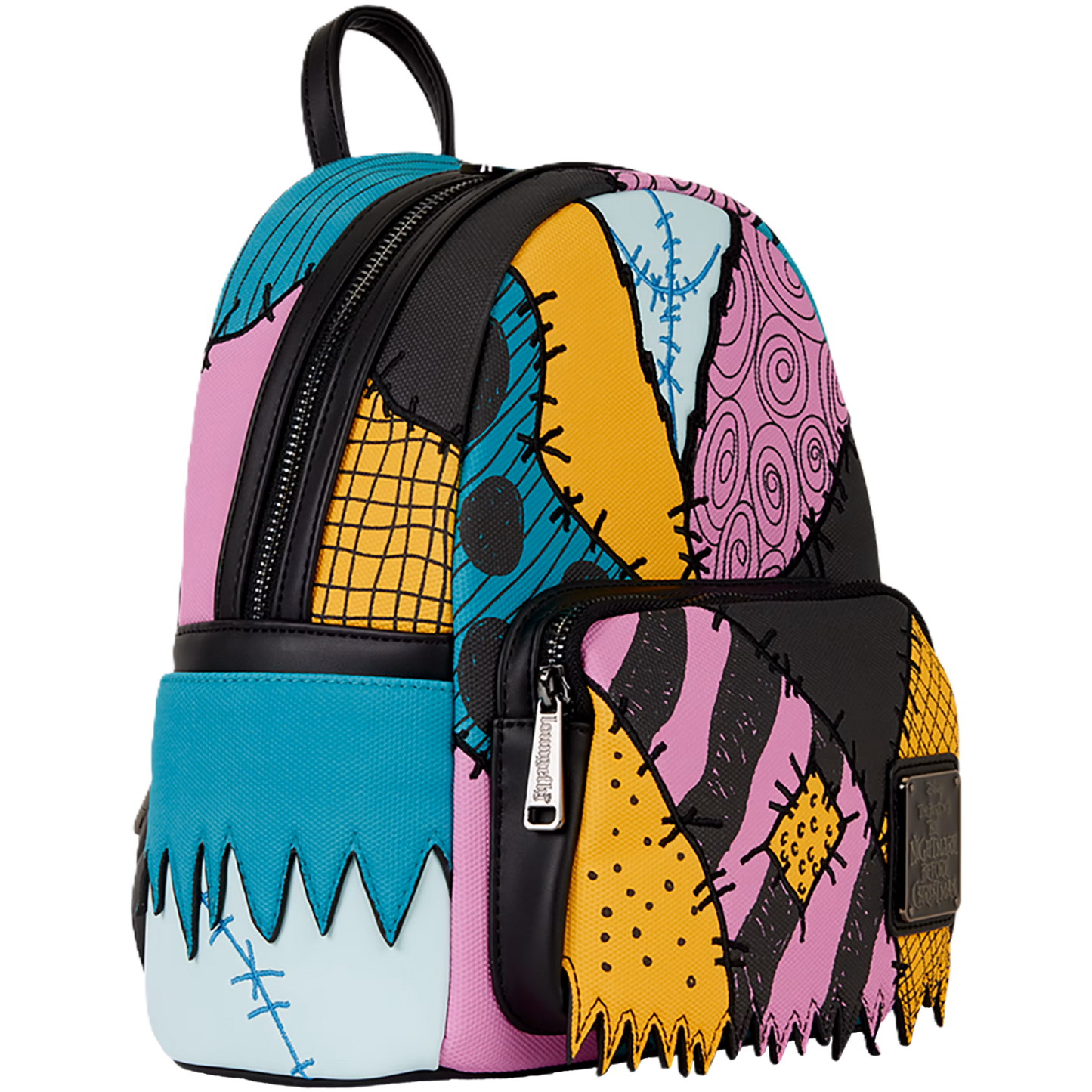 Colorful Sally Loungefly backpack with a unique pattern on a white background