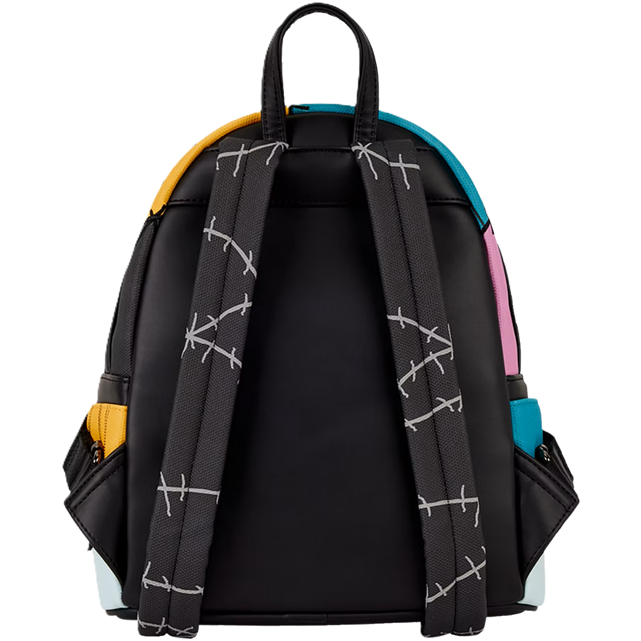 Multicolored loungefly backpack with black straps on a white background
