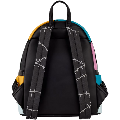 Multicolored loungefly backpack with black straps on a white background