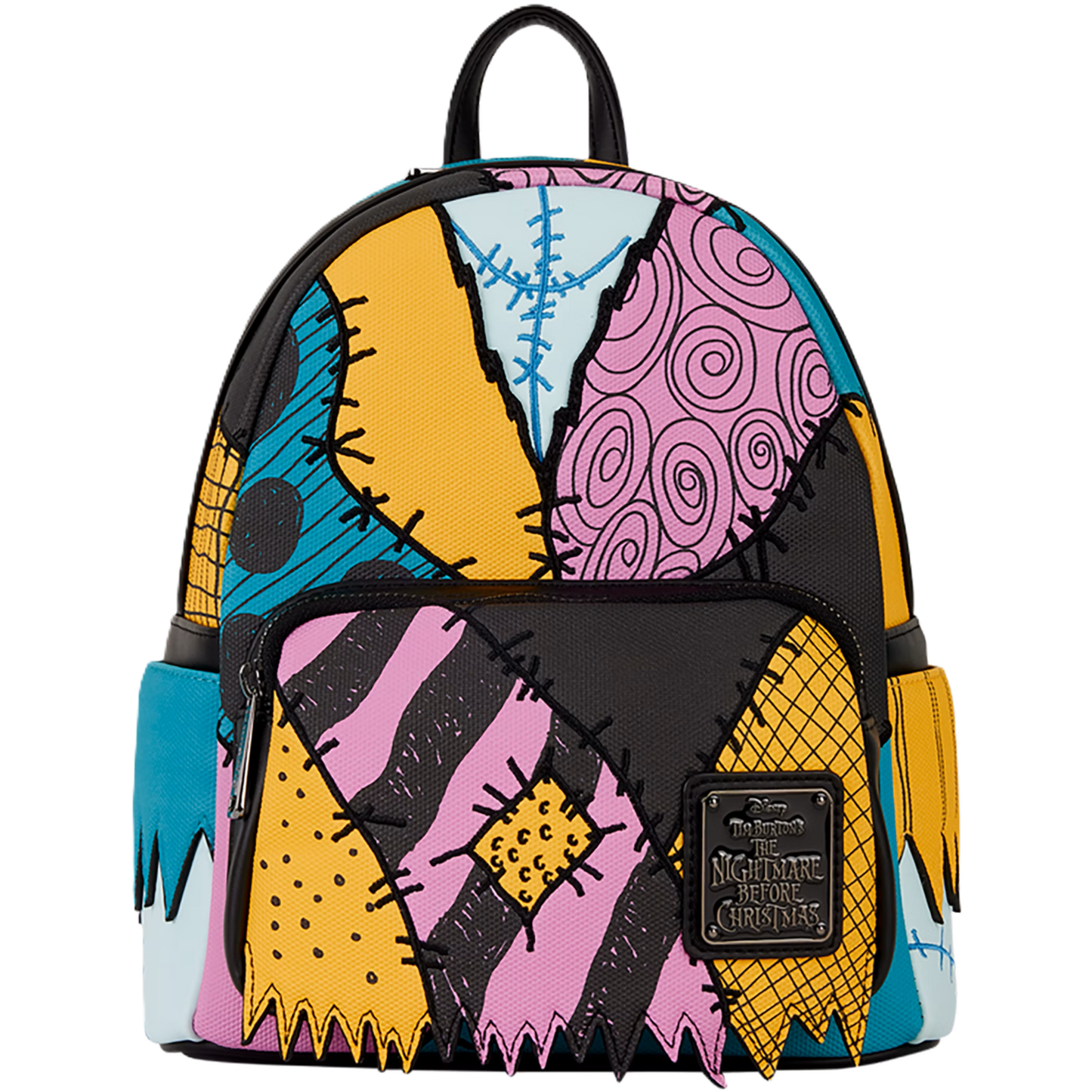Colorful Sally Loungefly backpack with a pattern inspired by 'The Nightmare Before Christmas' on a white background