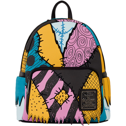 Colorful Sally Loungefly backpack with a pattern inspired by 'The Nightmare Before Christmas' on a white background