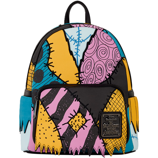 Colorful Sally Loungefly backpack with a pattern inspired by 'The Nightmare Before Christmas' on a white background