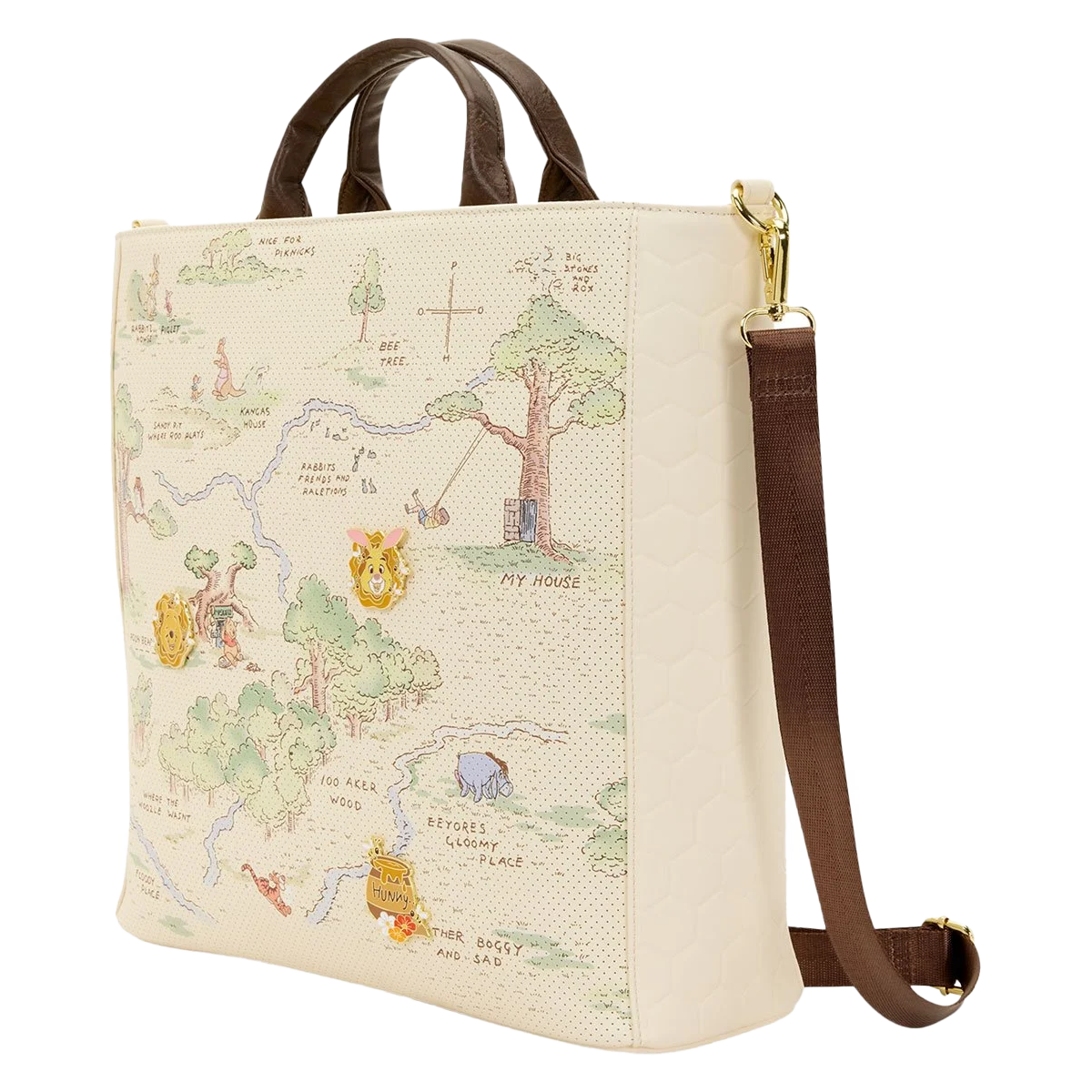 Winnie the Pooh Hundred Acre Wood Loungefly Tote Bag with Winnie the Pooh-themed map design on a white background. The bag is side ways