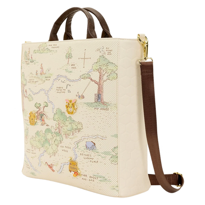 Winnie the Pooh Hundred Acre Wood Loungefly Tote Bag with Winnie the Pooh-themed map design on a white background. The bag is side ways