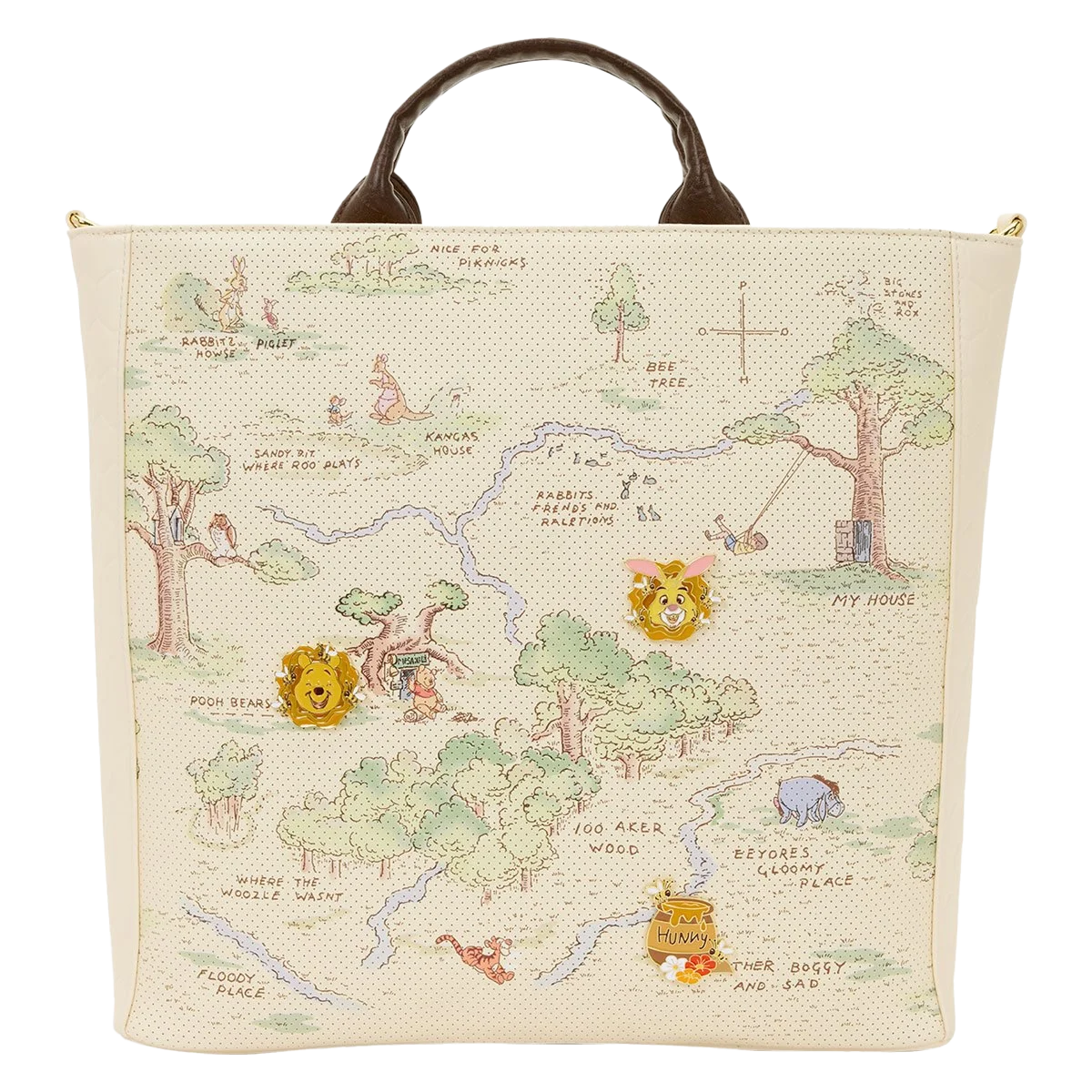 Winnie the Pooh Hundred Acre Wood Loungefly Tote Bag with a map design featuring characters and elements from Winnie The Pooh a white background.